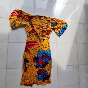 Roberto Cavalli Dress in Vibrant Yellow and Blue Mini Balloon Sleeve